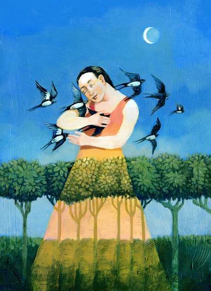女人拥抱燕子她的西装把他编织在树林里 随着月亮的增加 在偷听中带来了黎明 — 图库照片