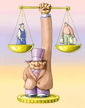 bankacı bakiye tutar, bir tava var adam üstünde diğer bir işçi olarak giyinmiş bir adam üretim ve tüketimini siyasi karikatür dayalı ekonomi kavramı harcanan Çantalar ile