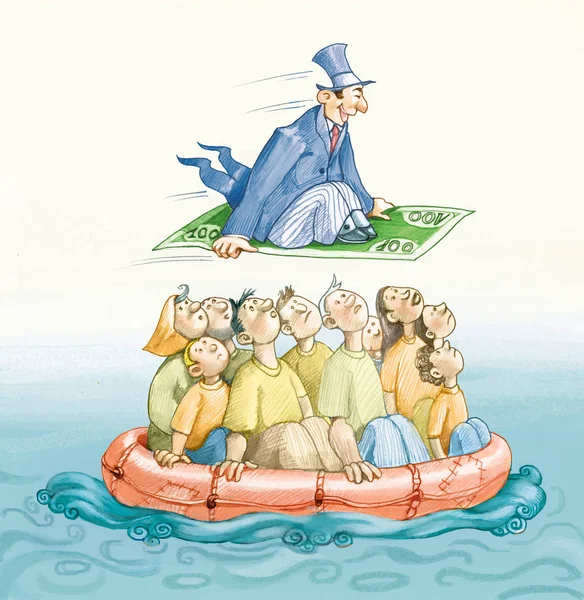 many people risk the life on raft to emigrate alone a rich flies over border on board of a flying banknote political cartoon