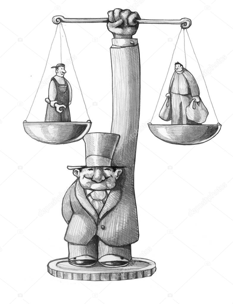 banker holds balance, on a pan there is man dressed as a worker on the other one a man with purses spent concept of the economy based on production and consumptions political cartoon