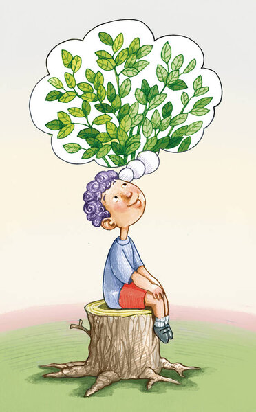 Ребенок сидел на стволе удрученного дерева мечты красивый навес, полный листьев
