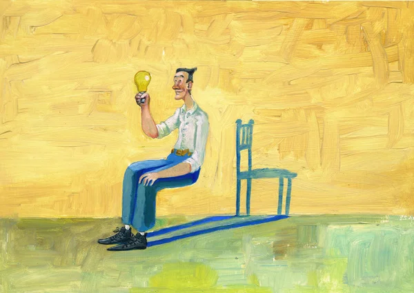 Ein Erfinder kann sich vorstellen, was es braucht, um eine Glühbirne surrealistische Malerei konzeptuelle Illustration zu betrachten — Stockbild Kreativer Erfinder Surrealismus — Stockfoto