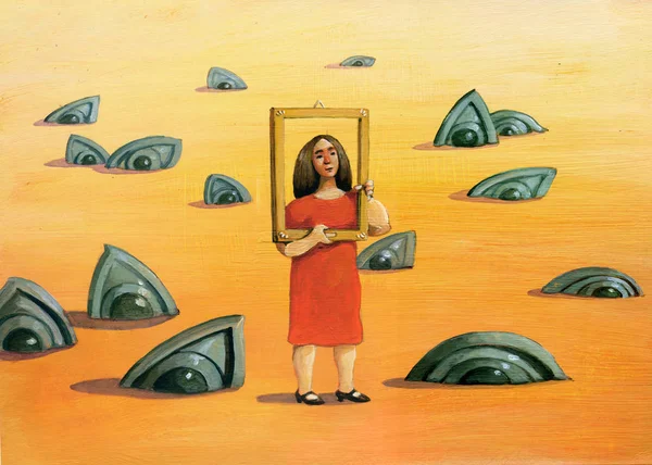 Frau umgeben von steinernen Augen surreale Malerei psychologisches Thema — Stockbild Aussehen aus Stein — Stockfoto