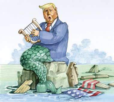 Trump bir denizkızı. Amerikan bayrağını taşıyan tekne kayalıklarda kırıldı. Bu başkanın ülkesine getirdiği yıkımın bir metaforu.