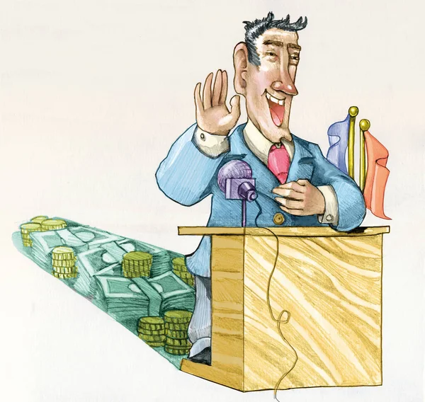 Ein Kandidat spricht auf einer Kundgebung in seinem Schatten über so viel Geld, das zur Finanzierung seines politischen Wahlkampfes verwendet wurde. — Stockbild Ein Kandidat Spricht Auf Einer Kundgebung Seinem Schatten Über Viel — Stockfoto