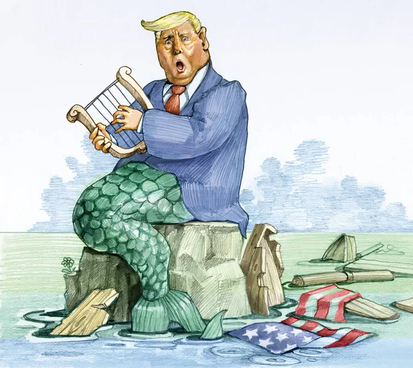 Трамп Русалка Лодка Американским Флагом Разбилась Скале Метафора Разрушения Президент — стоковое фото