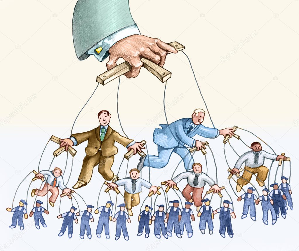 a pyramid of puppets that starts from the workers and climbs to the managers up to a mysterious hand everything is controlled by an unknown person