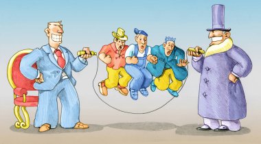 Bir bankacı ve bir politikacı ipleri üç işçiye, bir işçiye, bir çiftçiye ve bir işçi mecazına üflüyor. Ekonomi ve siyasetin insanlar üzerindeki gücü ve siyasi karikatürü.