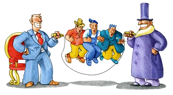 a banker and a politician blow the rope to three workers an employee a farmer and a workman metaphor of the power that economy and politics have over people political cartoon