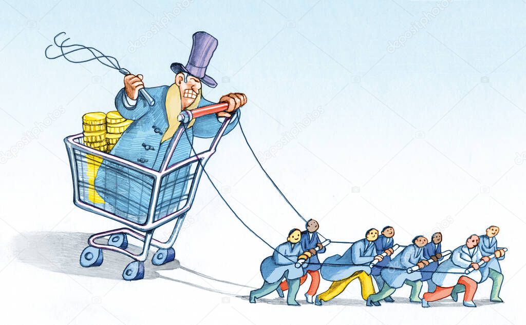 rich banker sitting in a supermarket trolley whips a row of workers to tow him political satire pencil illustration
