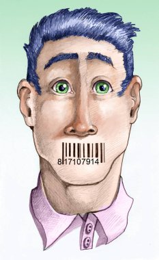 man has his mouth replaced by a barcode has a sad expression stupefied metaphor of the power that has the economy over people political illustration clipart