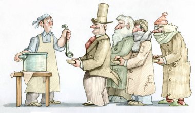 Yoksullar matarasında herkesin önünde sıcak çorbasını bekleyen bir bankacı var. Gönüllü ona hayret içinde bakıyor.