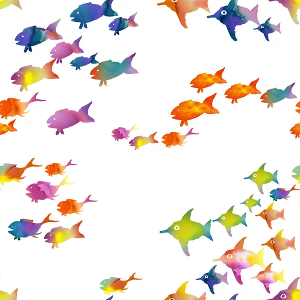 fish pattern watercolor illustration with colorful watercolor fishes handmade