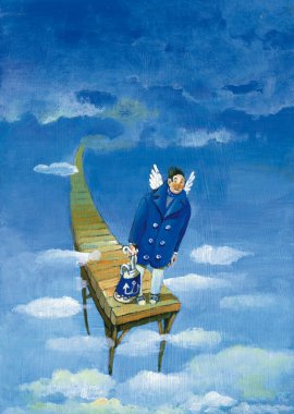 surreal concept of desire of freedom a man with two angel wings is ready for rebirth like a sailor that is leaving a port located in the clouds clipart