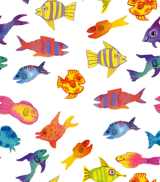 Coloured Cheerful Fishes Pattern Watercolor Illustration Handmade Painting Royalty Free Stock Photos