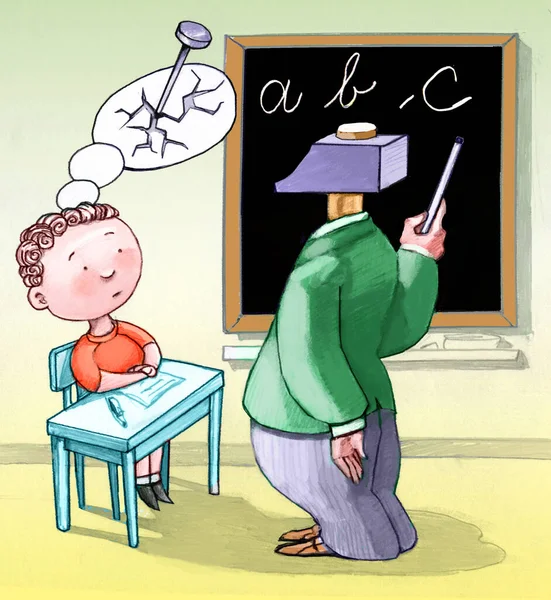 little pupil sees his dream destroyed by a teacher with a hammer head conceptual cartoon about children and education