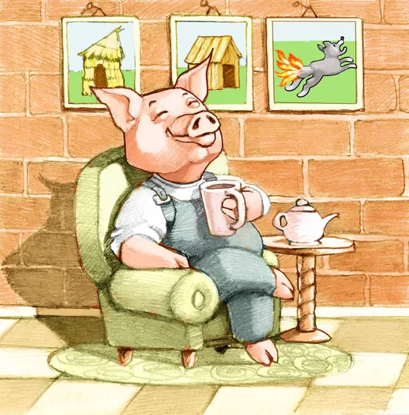 One Three Little Pigs Sits Contentedly Armchair His Beautiful Sturdy — Stock Photo, Image