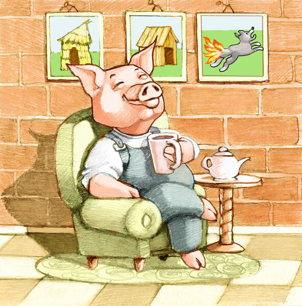 One Three Little Pigs Sits Contentedly Armchair His Beautiful Sturdy Royalty Free Stock Photos