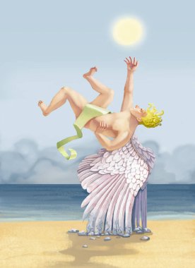 Icarus 'un kanatları taşa dönüşür. Çocuğu sahile sürükler. Kırık hayaller gerçek üstü şifreler kurar.