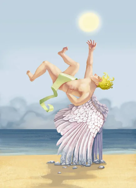 イカルスの翼は石に変わり少年をビーチへと引きずり出す夢のメタポー超現実的な暗号化のAr ロイヤリティフリーのストック写真