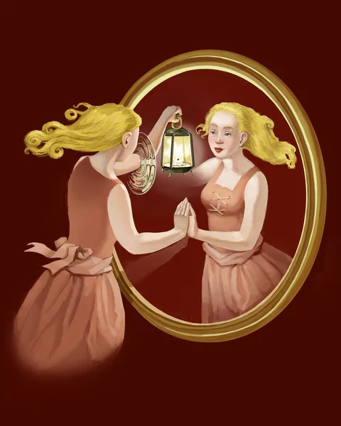 woman look into a mirror her arm holding a lamp go into the mirror surreal acrylic illustration