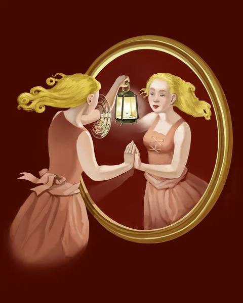 女性は鏡の中を見てランプを手にした腕が鏡の中に入っていく ロイヤリティフリーのストック画像