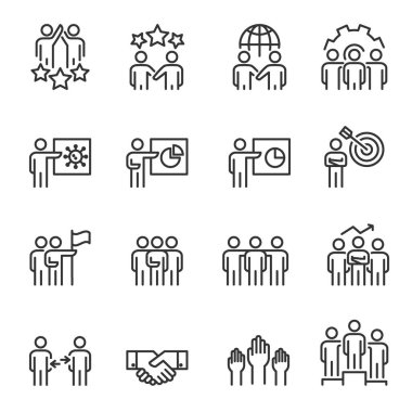 People Icons Vector Line Set Pikseli Mükemmel, İş, Takım çalışması, Grup, Toplantı