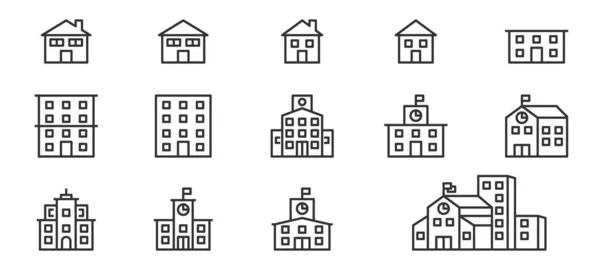 Building Icon Set Line Vector School University Office City Real — Stock Vector