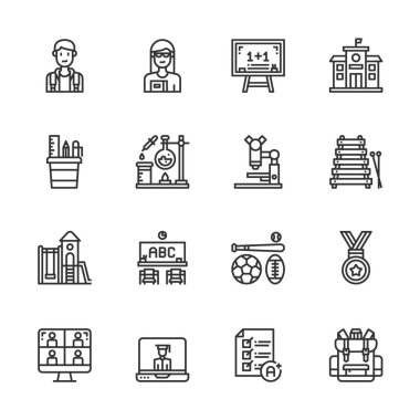 Basit Okula Dönüş Satır Simgeleri, Taslak sembol koleksiyonu, öğrenci, sırt çantası, öğrenme