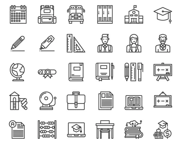 Jednoduchá Sada Vektorových Ilustrací Edukačních Čar Kolekce Symbolů Škola Autobus — Stockový vektor