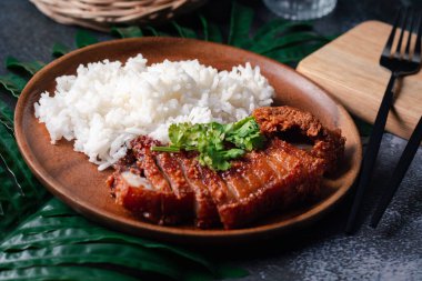 Koyu renk ahşap tabakta kızarmış domuz pirinci.