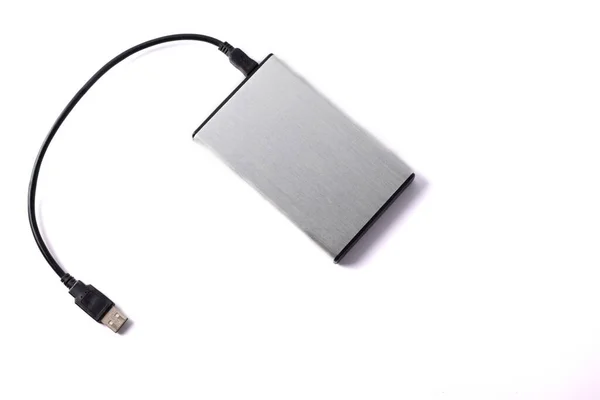 Gray External Hard Disk Black Usb Cable White Background — Stock Photo, Image