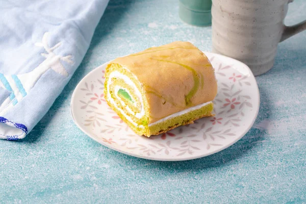 Close Slice Pandan Roll Cake — Stock Photo, Image