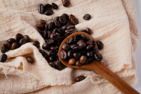 Coffee Beans Wooden Spoon Brown Cloth — Stock Photo, Image