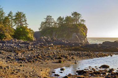 Ucluelet, Vancouver Adası, M.ö. günbatımı zamanı, yabani Pasifik iz, kıyı görünümünü.