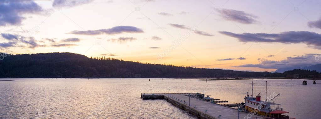 Panoramic view of Port Alberni dock at sunset, taken in Vancouver Island, BC, Canada