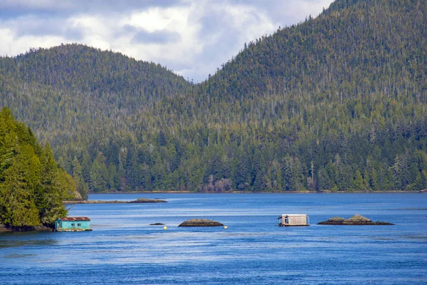 View of the shoreline of Meares Island and hill tops in Tofino, Vancouver Island, Canada