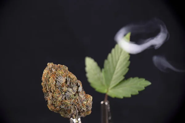 Cannabis Nug Blad Met Rook Ring Geïsoleerd Zwart — Stockfoto