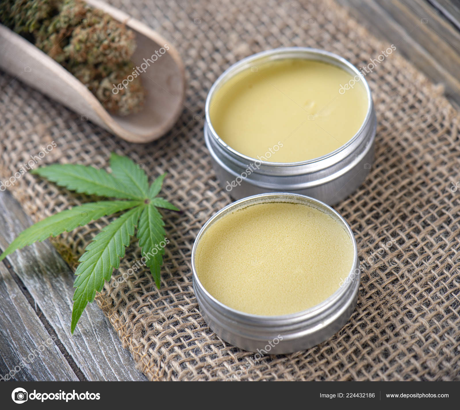 Cannabis Hemp Creams Marijuana Leaf Nugs Burlap Background Cannabis