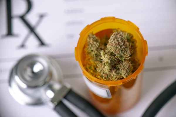 Medical Marijuana Concept Dry Cannabis Buds Stethoscope White Reflective Surface — Stock Photo, Image