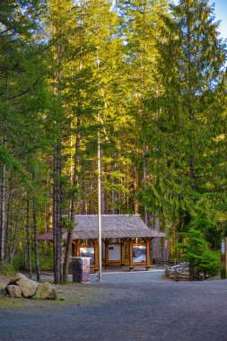 Cowichan Vadisi - 13 Şubat 2018: Tarihi Kinsol sehpa park, Vancouver Adası, British Columbia, Kanada 1911 yılında inşa dünyanın en büyük ahşap Sehpalar birini bilgi standında.