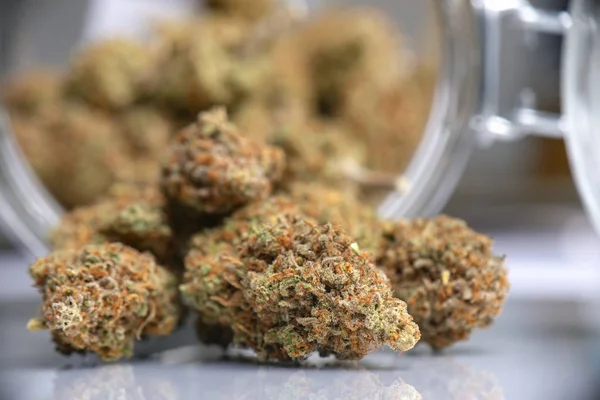Detalhe Botões Cannabis Secos Derramando Frasco Conceito Dispensário Cannabis Medicinal — Fotografia de Stock