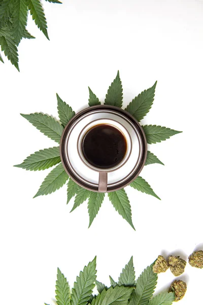 Kaffe kopp och cannabis konceptet isolerad på vit — Stockfoto