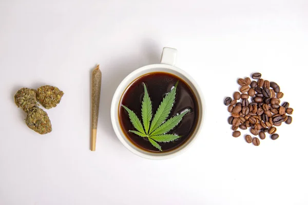 Koffie beker en cannabis concept met bonen, gezamenlijke, nugs en mari — Stockfoto