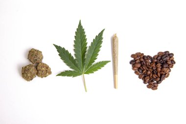 Coffee cup and cannabis concept with beans, joint, nugs and mari clipart