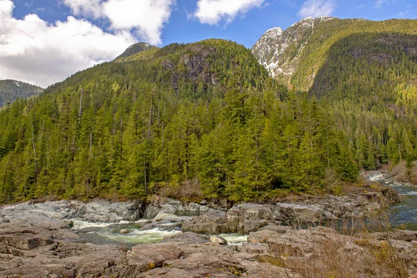 Kennedy River a horské pásmo s lesní krajinou v Vancou — Stock fotografie