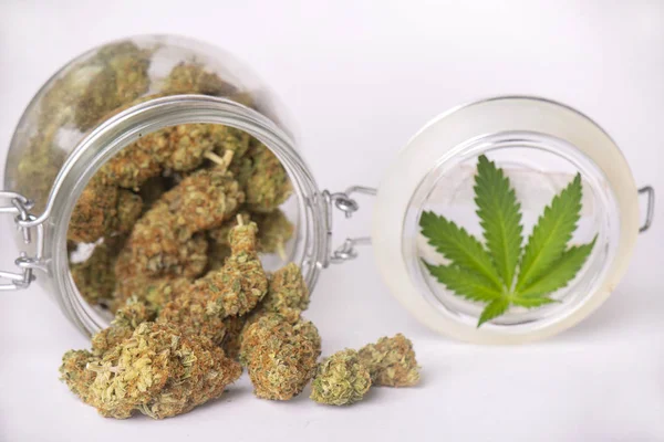 Cannabis-Knospen auf klarem Glas isoliert auf weiß — Stockfoto