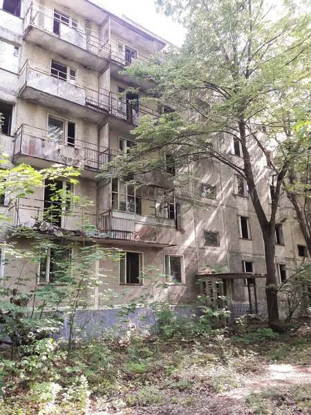 Abandonado Edifício Alto Coberto Com Varandas Porta Frente Árvore — Fotografia de Stock