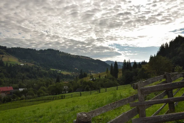 View Valley Top Background Green Mountains Blue Sky Clouds Trees — Stock Photo, Image