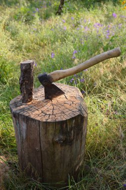 Balta ahşap bir güverteye saplanmış ve güvertede bir kütük var.